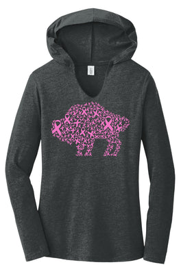 Ladies Long Sleeve T-shirt Hoodie - Pink Ribbon