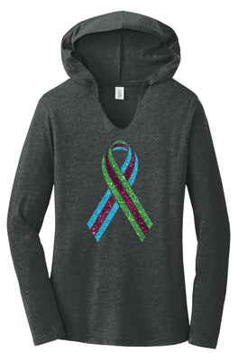 Ladies Long Sleeve T-shirt Hoodie - Glitter Ribbon